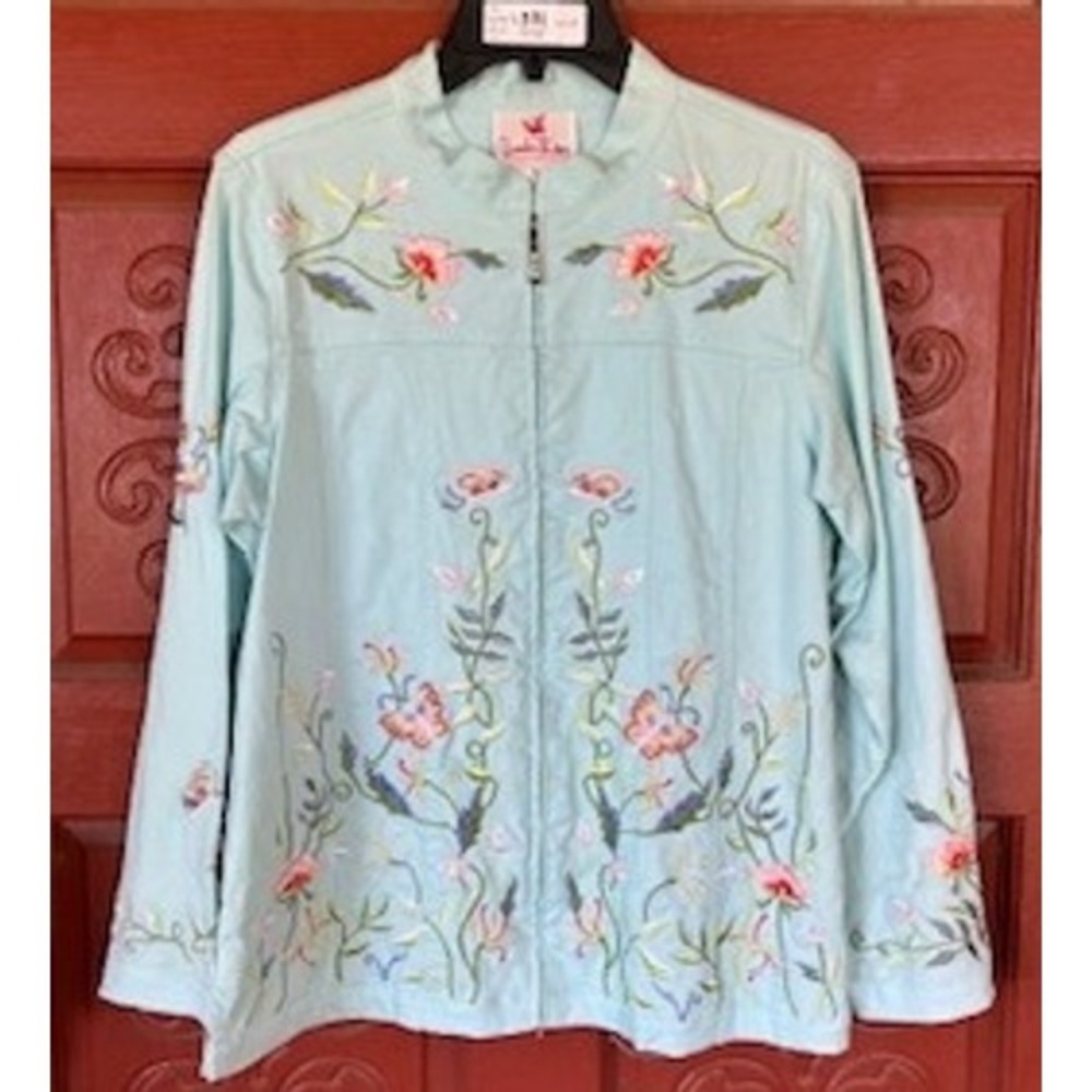 Retro‎ Quaker Factory Embroidered Jacket Floral Butterfly  Aqua Spring Medium - Picture 2 of 13